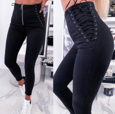 Efektné dámske džínsy so šnúrkami P4014